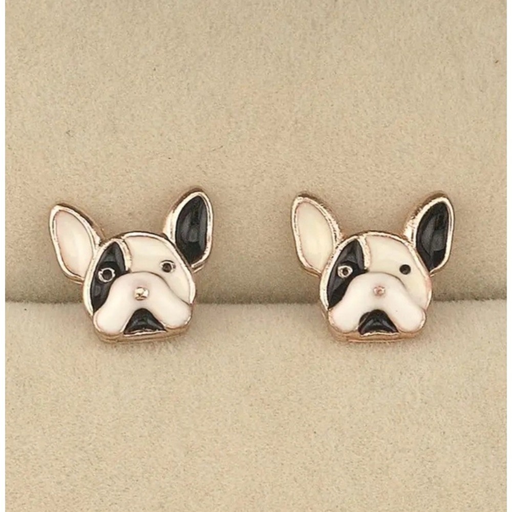 French Bulldog Enamel Stud Earrings Gold Tone Black White Dog Jewelry Frenchie
